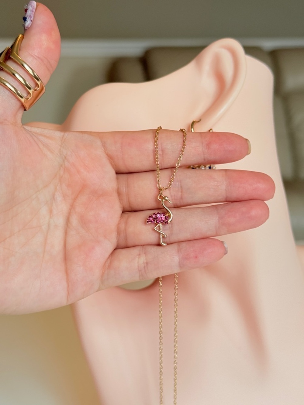 Gold Flamingo Pendant Necklace with Pink Crystal Accent - Picture 7 of 9